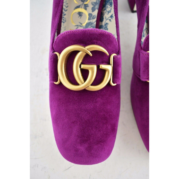 Gucci Victoire Fucsia Velvet Double GG Logo Block Mid Heel Mule Loafer Pump 36.5 - Picture 6 of 13